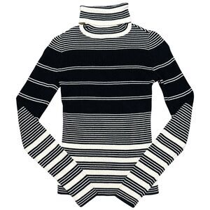 Vintage Gap Black & White Striped Ribbed Cotton Long Sleeve Turtleneck Sweater
